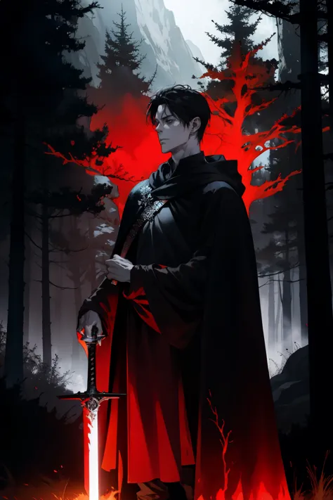 a man in a cloak holding a sword in a dark black and red forest, hold sword in the forest, Glowing Sword (red),dark fantasy styl...