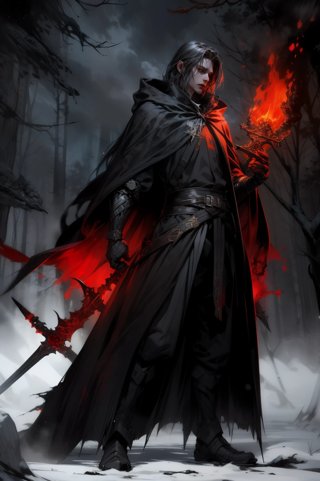 a man in a cloak holding a sword in a dark black and 赤 forest, 森の中で剣を握る, 光る剣 (赤),ダークファンタジースタイル art, ダークファンタジーアートwork, 8k ファンタジーアート, ダークファンタジースタイル, 4Kファンタジーアート, 壮大なファンタジーアートスタイルHD, ダークファンタジーアート, ダークファンタジーコンセプトアート, デジタルアートスタイルの壮大なファンタジー, in style of ダークファンタジーアート, 光る剣 in hand, 燃える森, 炎, キャンプファイヤー