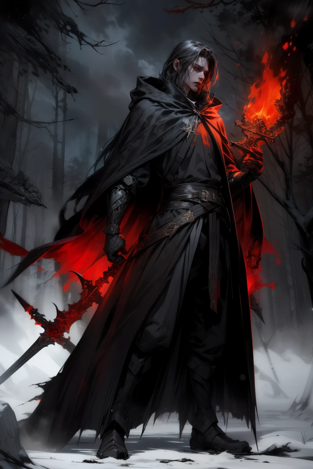 a man in a cloak holding a sword in a dark black and red forest, hold sword in the forest, Glowing Sword (red),dark fantasy style art, dark fantasy artwork, 8k fantasy art, dark fantasy style, 4k fantasy art, epic fantasy art style hd, dark fantasy art, dark fantasy concept art, Epic fantasy in the style of digital art, in style of dark fantasy art, Glowing Sword in hand, burning forest, flame, camp fire