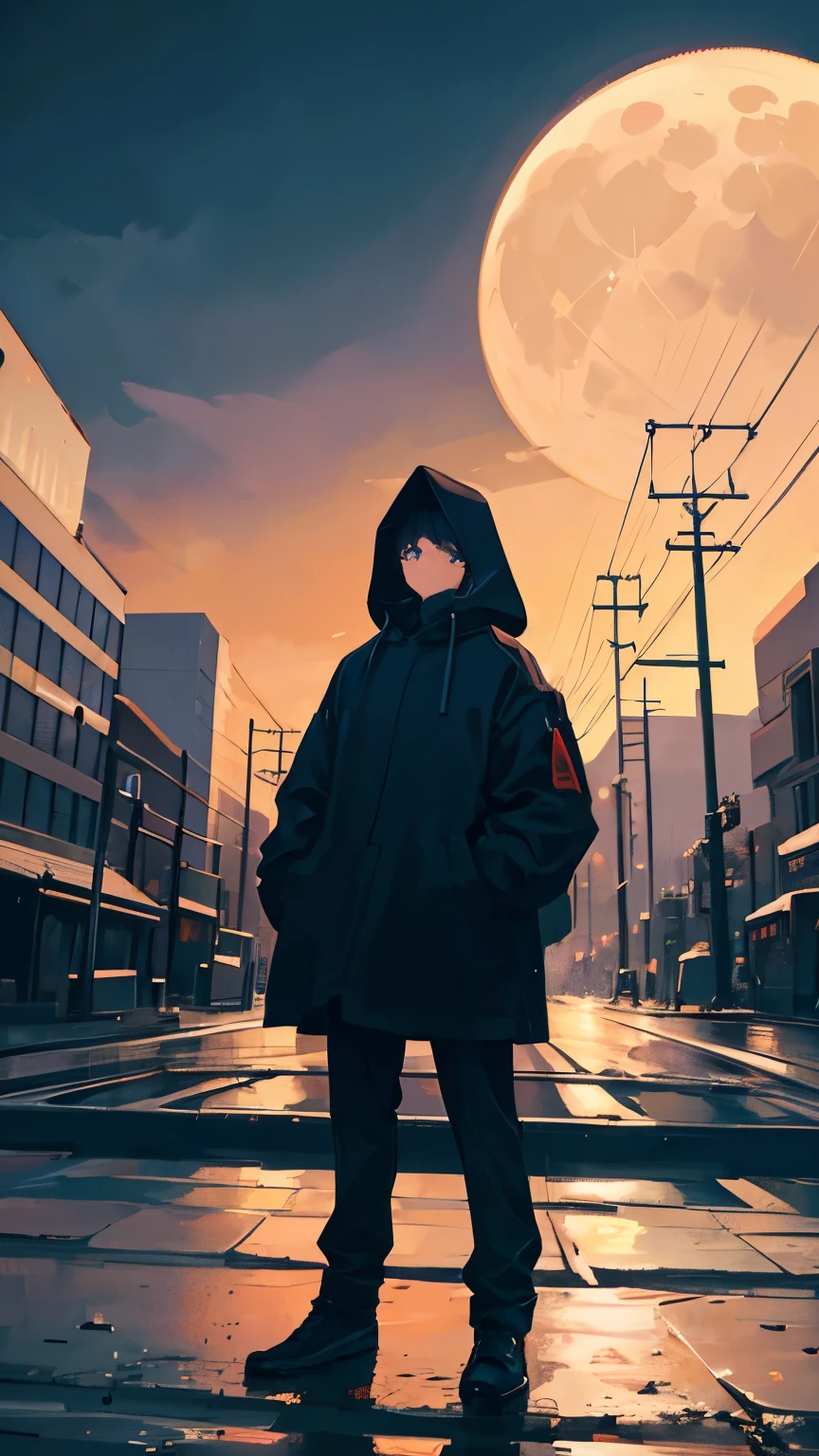 A boy standing in front of a railroad crossing, wearing a black hood, is looking up and the moon can be seen in the distant sky of the city at night.