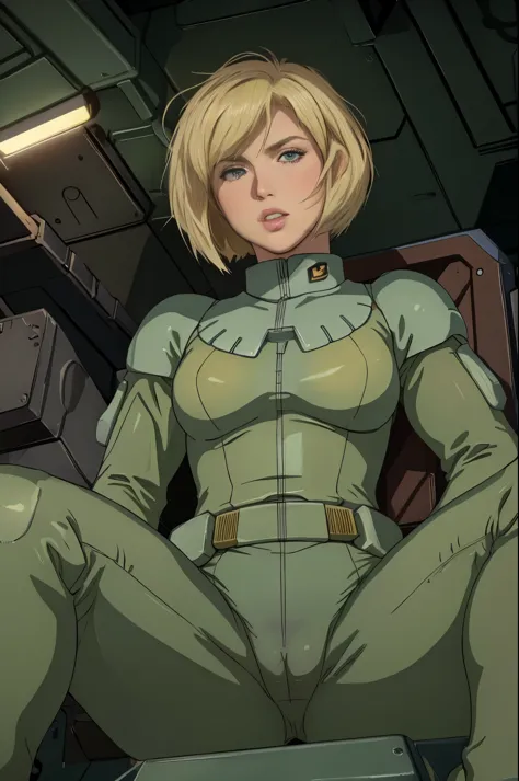 original character,good anatomy, masterpiece, best quality,realistic, hyperrealistic, 16k hdr,photorealistic, cinematic, zeon pilot, (cockpit view:1.2), 20yo,beauty american woman,(blonde hair,bobcut,heavy makeup:1.2),green flight suit,medium breasts,from ...