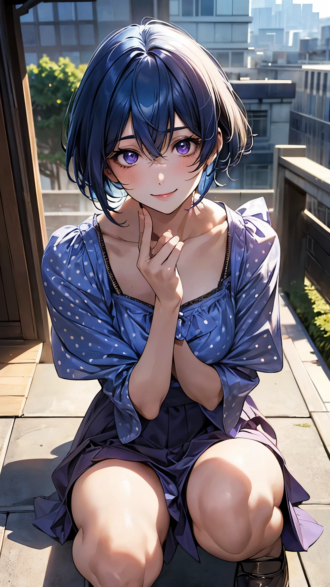 Anime girl sitting on a ledge with her hands on her chin - SeaArt AI