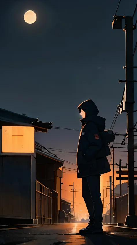 A sideways full body view of a boy wearing a black hood standing in front of a railroad crossing and looking up to see the moon in the distant sky of a nostalgic city at night.