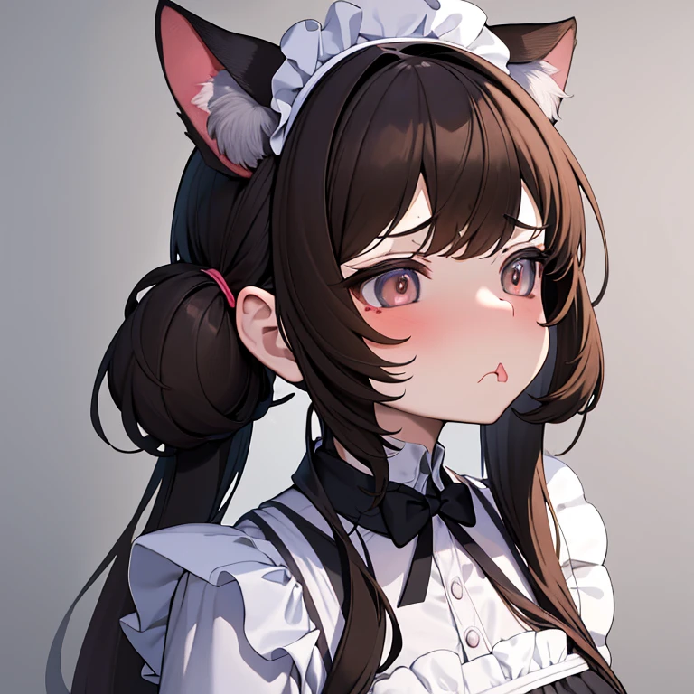 (masterpiece), best quality, absurdres, the face of a cute girl in a maid uniform with a pouting expresison, angry, neko, cat ears, maid, long brown hair, grey eyes, chibi, emoji, icon, white background, cute, 1girl, best quality, incredible detail, 4k, masterpiece, pout