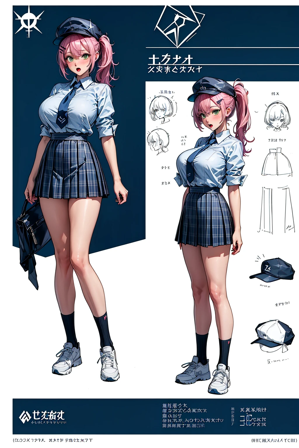 girl, solo, full body, from head to toe, random movement, random pose, (Huge_Breasts:1.3), beautiful body, perfect body, nice body,

((Character Design Sheet:1.7, character reference sheet:1.7,)),

hiyori_bluearchive, hair_ornament, hairclip, long_hair, hair_over_one_eye, halo, side_ponytail, bangs, blush, hat, breasts, cabbie_hat, open_mouth, large_breasts, green_eyes, 

, collared shirt, blue necktie, blazer, plaid skirt, bike shorts, pantie under skirt, sneakers, very short skirt