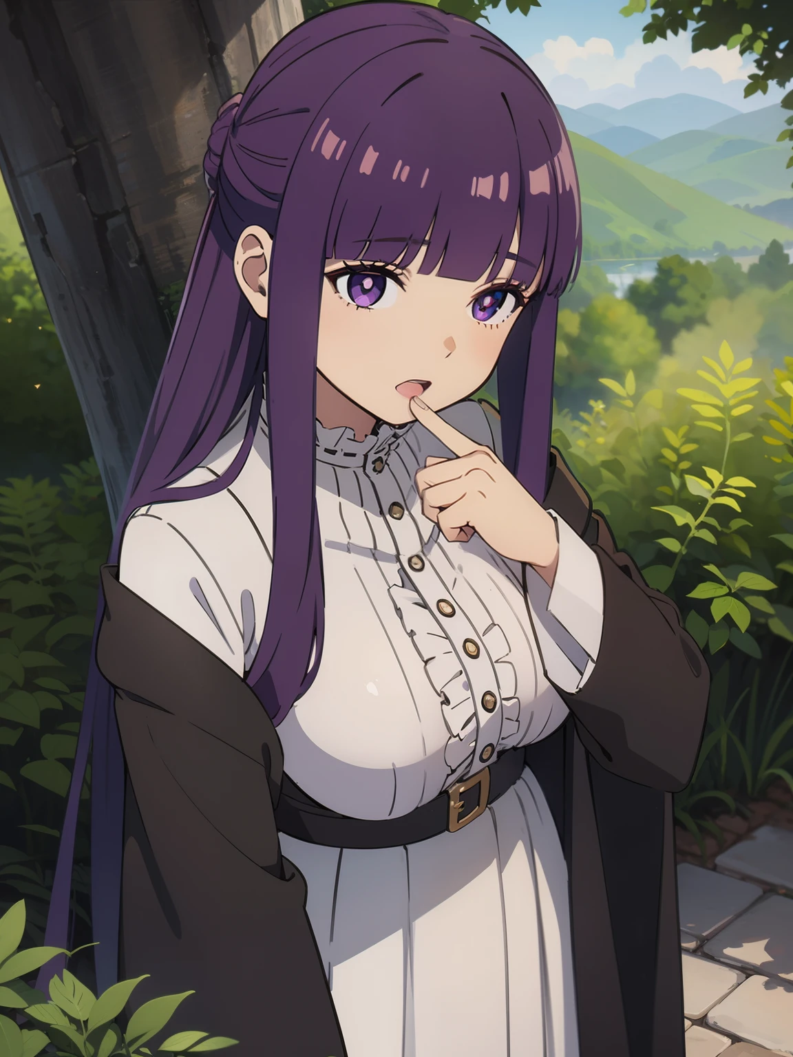 freirenfern, fern, purple hair, long hair, purple eyes, blunt bangs, sidelocks, half updo, bright pupils, (large breasts, 1 girl), frilled collar, black robe, white dress, center frills, buttons, wide sleeves, long sleeves, curvy, frilled collar, BREAK Masterpiece, best quality, high resolution, 8K, official art, super resolution, extremely detailed and beautiful, extremely detailed, amazing and detailed, highly detailed beautiful girl, highly detailed face, highly detailed eyes, highly detailed skin, highly detailed fingers, highly detailed nose, very detailed mouth, perfect anatomy BREAK Full body shot, Looking down, pray BREAK hill, nature, forest, extremely detailed CG unity 16k, very fine 16KCG wallpapers
