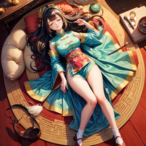 Young woman sleeping, picture from above, full body, Chinese costume, princess, Chinese dynasty 
