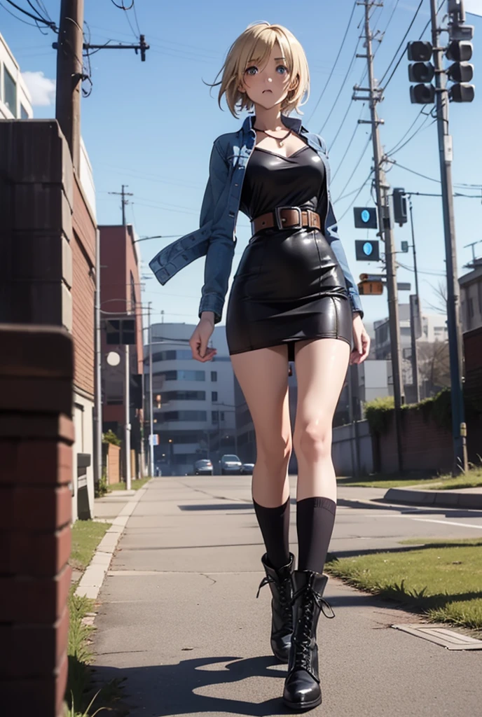 full body, from below,  8k,solo,Short blonde hair,blue eyes, horrified,panty shot,blush,thick thighs,((socks calf socks mid-calf socks)), v neck, (((black tube dress))), brown braided boots,belt, ayabrea,blue denim jacket,b