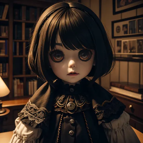 very scary doll made from wool，（（（very dark study room）））dark night，（（（horror atmosphere）））（（（masterpiece）））， （（best quality））， ...