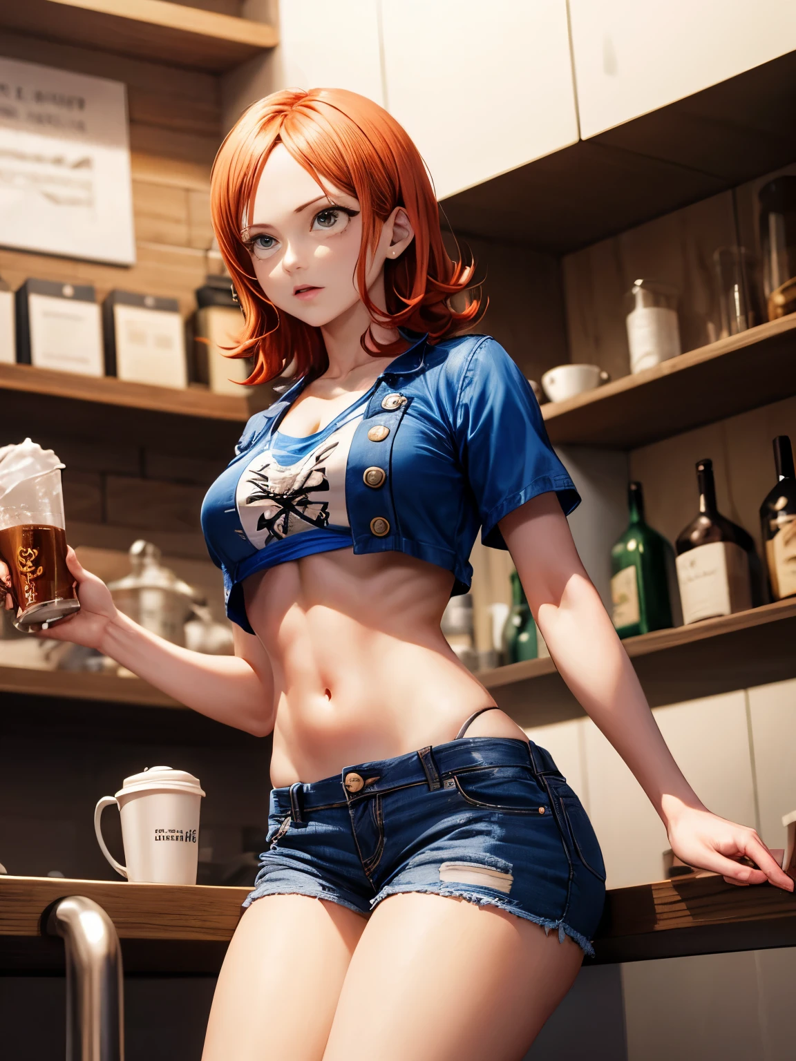 Arafed woman in a blue shirt and denim shorts holding a beer - SeaArt AI