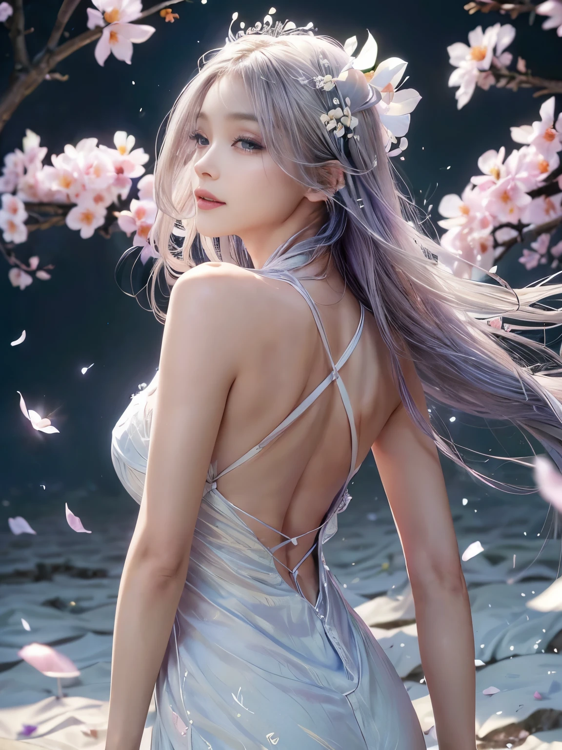 an adult female, solo, upper body, back view (white and indigo dress:1.2), lavender, flower field, blossom, wind blowing through, flowing hair ,subtle smile,dynamic angle, (falling petals, pale tone,floating colorful sparkles:1.1) , elegant, ultra-detailed face, detailed eyes, shiny skin, lustrous lips ,(official art, unity 8k wallpaper, ultra detailed, beautiful and aesthetic, masterpiece ,best quality:1.3),(photorealistic:1.3)