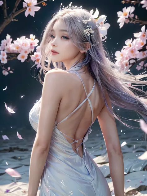 an adult female, solo, upper body, back view (white and indigo dress:1.2), lavender, flower field, blossom, wind blowing through...