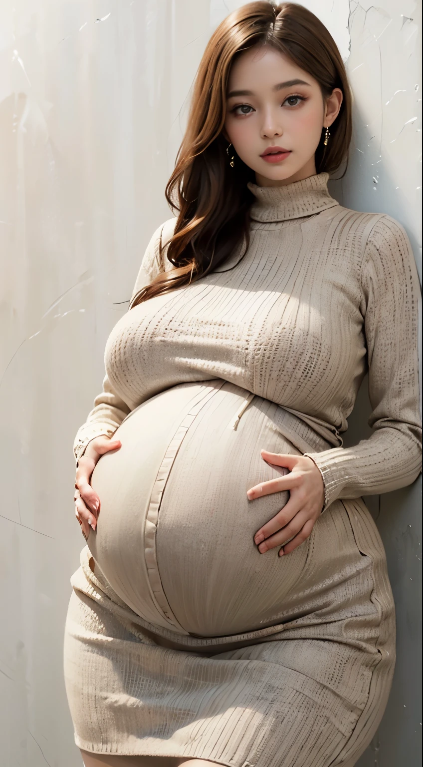 A pregnant woman leaning against a wall with her belly exposed - SeaArt AI