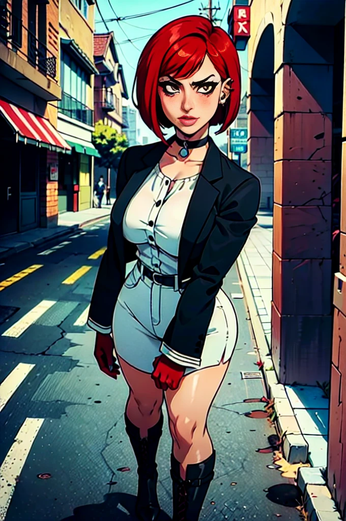 a sukeban girl in the art style of persona5 and in the art style of street of rage 4, delinquent, (sukeban), mature_female, blush, mature, older woman, 2, Sukeban teacher outfit, ((((1girl, solo female, solo, solo focus:1,9)))++++, choker, sukeban teacher, sukeban fighter, long_sleeves, open jacket, blue jacket,( jean)+++, light skin tone female, (full body)+++++, jacket, biker jacket, tape, arm_support, gloves, red_gloves, bridal gauntlets, nail polish, boots, black_footwear, fighter outfit, (full body)+++++++, hourglass, mature face, cheeky smile, cheeky face, wrinkles, (((((red hair, short hair, bob cut, earrings, ear piercings)))), red eyeighting art, Martial arts, standing, fighting_stance, fight, fighting), extra colors, 2D, megapixel, perfectionism, accent lighting, full HD , (Masterpiece:1.2), (full-body-shot:1),(cowboy shot:1.2), (Highly detailed:1.2),(anime Detailed Face:1.2), Colorful, A detailed eye, (Detailed landscape:1.2), (natural lighting:1.2), ((sukeban school teacher)) by Vincent Di Fate: Aidyllery, Anamorphic Shot, rule of thirds, face by Artgerm and WLOP, ((street of rage 4 city backround)), fictive city backround in the style art of street of rage 4,