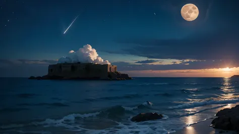 big full moon　seaside　Greek Mythology　shooting star　cloud