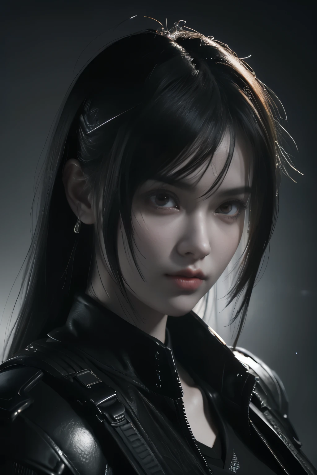 Game art，The best picture quality，Highest resolution，8K，((A bust photograph))，((Portrait))，((Head close-up))，(Rule of thirds)，Unreal Engine 5 rendering works， (The Girl of the Future)，(Female Warrior)， 22岁少女，(Female hackers)，(Rainbow hair，Ancient Oriental hairstyle)，((The pupils of the red eyes:1.3))，(A beautiful eye full of detail)，(Big breasts)，(Eye shadow)，优雅迷人，冷漠，((Anger))，(Cyberpunk jacket full of futuristic look，Joint Armor，There are exquisite Chinese patterns on the clothes，A flash of jewellery)，赛博朋克人物，未来风格， 拍照姿势，城市背景，Movie lights，Ray tracing，Game CG，((3D Unreal Engine))，oc渲染反射纹