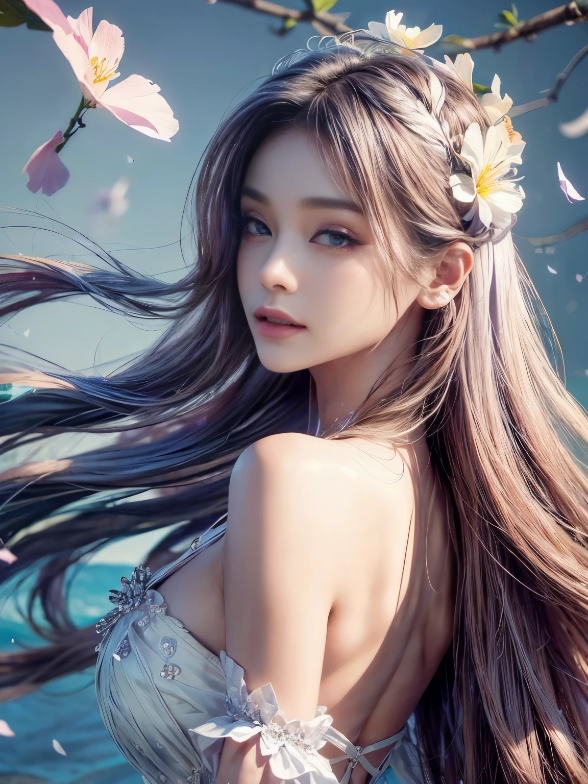 an adult female, solo, upper body, back view (white and indigo dress:1.2), lavender, lavender flower field, blossom, wind blowing through, flowing hair ,subtle smile,dynamic angle, (falling petals, pale tone,floating colorful sparkles:1.1) , elegant, ultra-detailed face, detailed eyes, shiny skin, lustrous lips ,(official art, unity 8k wallpaper, ultra detailed, beautiful and aesthetic, masterpiece ,best quality:1.3),(photorealistic:1.3)