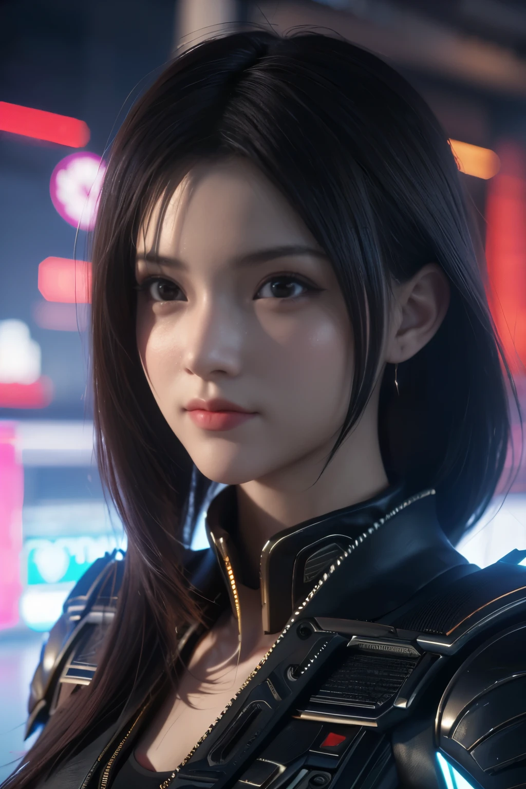 Game art，The best picture quality，Highest resolution，8K，((A bust photograph))，((Portrait))，((Head close-up))，(Rule of thirds)，Unreal Engine 5 rendering works， (The Girl of the Future)，(Female Warrior)， 22岁少女，(Female hackers)，(Rainbow hair，Ancient Oriental hairstyle)，((The pupils of the red eyes:1.3))，(A beautiful eye full of detail)，(Big breasts)，(Eye shadow)，优雅迷人，冷漠，((Anger))，(Cyberpunk jacket full of futuristic look，Joint Armor，There are exquisite Chinese patterns on the clothes，A flash of jewellery)，赛博朋克人物，未来风格， 拍照姿势，城市背景，Movie lights，Ray tracing，Game CG，((3D Unreal Engine))，oc渲染反射纹