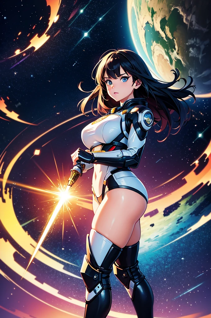 (best quality,4k,8k,highres,masterpiece:1.2),ultra-detailed,anime girl fantasy,sci-fi,space suit,big,front view,solo photo,thick hair,thick thighs,standing,thick legs,colorful,powerful lighting,deeper shadows,sharp focus,detailed facial features,sparkling eyes,stylish outfit,vibrant colors,background with celestial elements.