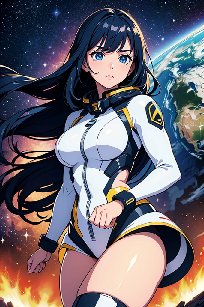 (best quality,4k,8k,highres,masterpiece:1.2),ultra-detailed,anime girl fantasy,sci-fi,space suit,big,front view,solo photo,thick hair,thick thighs,standing,thick legs,colorful,powerful lighting,deeper shadows,sharp focus,detailed facial features,sparkling eyes,stylish outfit,vibrant colors,background with celestial elements.