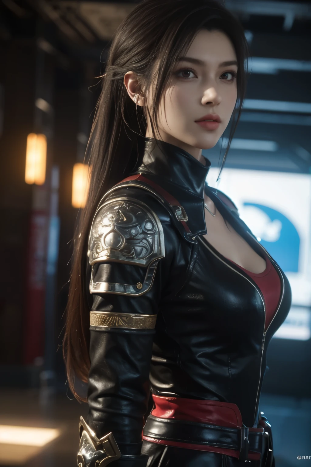 Game art，The best picture quality，Highest resolution，8K，(A bust photograph)，(Portrait)，(Head close-up)，(Rule of thirds)，Unreal Engine 5 rendering works， (The Girl of the Future)，(Female Warrior)， 22岁少女，(Female hackers)，(Rainbow hair，Ancient Oriental hairstyle)，((The pupils of the red eyes:1.3))，(A beautiful eye full of detail)，(Big breasts)，(Eye shadow)，优雅迷人，冷漠，((Anger))，(Cyberpunk jacket full of futuristic look，Joint Armor，There are exquisite Chinese patterns on the clothes，A flash of jewellery)，赛博朋克人物，未来风格， 拍照姿势，城市背景，Movie lights，Ray tracing，Game CG，((3D Unreal Engine))，oc渲染反射纹