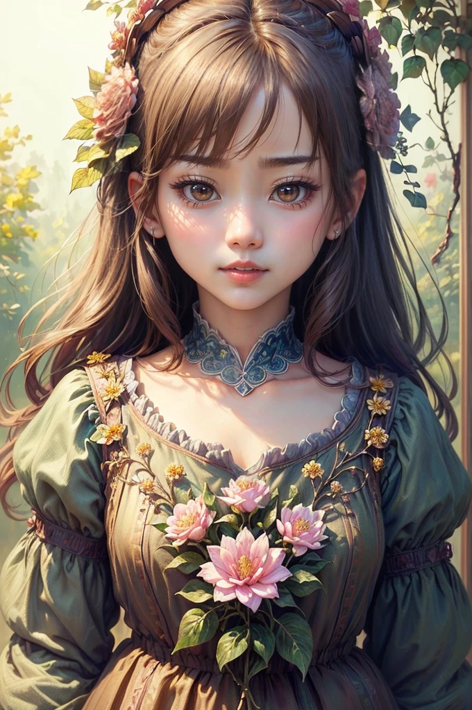 (masterpiece、highest quality、highest quality、detailed and complex、official art、beautiful and aesthetic:1.3)、(1 girl:1.3)、(Look at me with a cute expression:1.6)、My eyes are shining、clear beautiful skin、cute smile、Transparency、(botanical art:1.3).