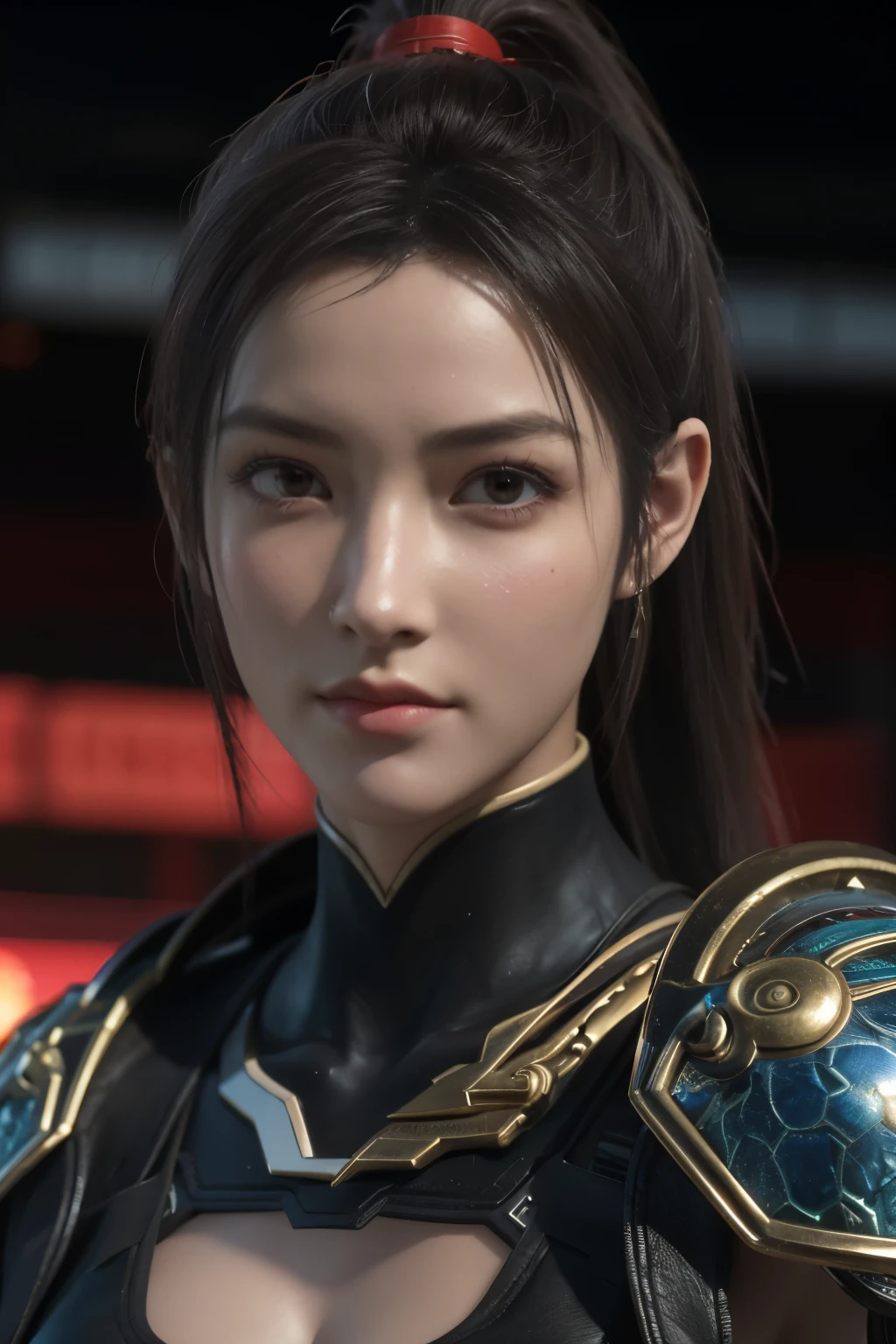 Game art，The best picture quality，Highest resolution，8k，(A bust photograph)，(Portrait)，(Head close-up)，(Rule of thirds)，Unreal Engine 5 rendering works， (The Girl of the Future)，(Female Warrior)， 22-year-old girl，(Female hackers)，(Rainbow hair，Ancient Oriental hairstyle)，((The pupils of the red eyes:1.3))，(A beautiful eye full of detail)，(Big breasts)，(Eye shadow)，Elegant and charming，indifferent，((anger))，(Cyberpunk jacket full of futuristic look，Joint Armor，There are exquisite Chinese patterns on the clothes，A flash of jewellery)，Cyberpunk Characters，Future Style， Photo poses，City background，Movie lights，Ray tracing，Game CG，((3D Unreal Engine))，oc rendering reflection pattern
