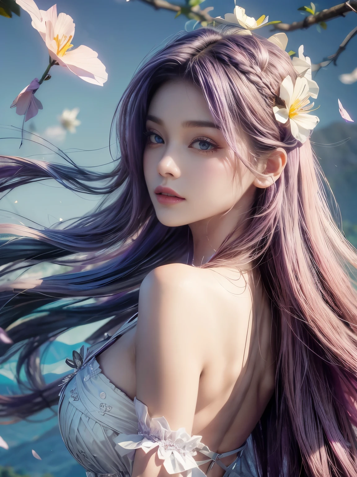 cheveux violets vibrants, Cheveux soufflés par le vent, fond plein de vastes champs de lavande. 