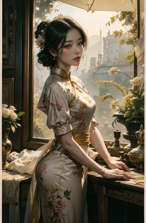 A painting of a beautiful young woman standing in a garden, The Flower of the Social World, wearing an elegant Chinese dress, In...