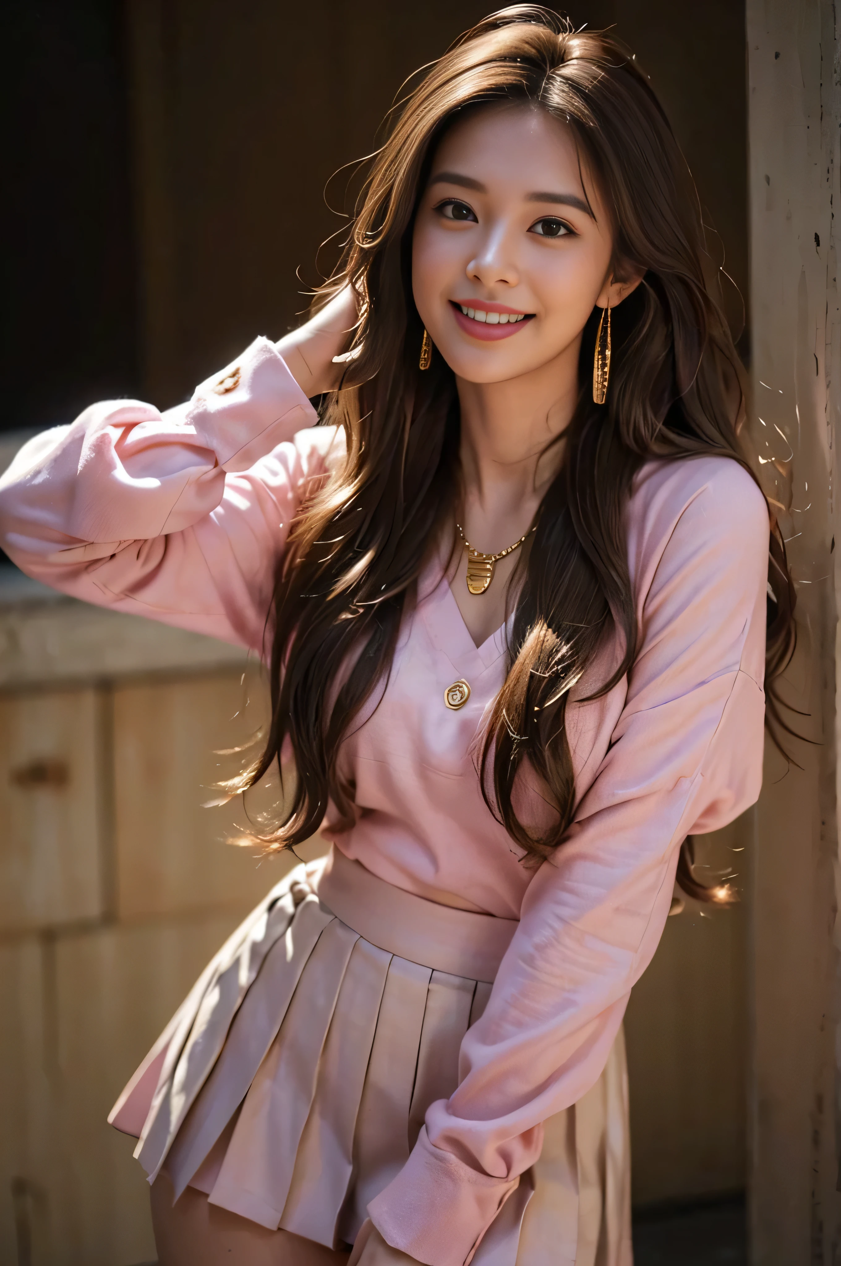 ((beautiful girl:1.3))((Super long brown hair:1.4)),(((loosely wavy hair:1.3)), ((Smiling with open mouth:1.3)),((spreading both hands wide＿legs tightly closed:1.3))((gold necklace_big earrings:1.2)),((university student:1.3)),((Pink pleated mini skirt:1.3)),((pink long sleeve button shirt＿with collar)),((On a college campus:1.3))((thin_fabric:1.4)) ((Are standing_Waiting for people:1.3)) (sweaty:1.5))((face flushed:1.4)) ((medium breasts:1.4)) ((Close-up:1.2)) highest quality、masterpiece、ultra high resolution、(photorealistic:1.4)、Raw photo、(real skin texture:1.3)、(film grain:1.3)、panorama、character portrait、very wide shot、narrow waist、cowboy shot、(in the dark、deep shadow、moderate、in the cold light、)night、(())、flowing tears、dust、Tyndall effect、(expression),1girl,beautiful detailed eyes and face,white jabot,brown eyes,((brown hair:1.2)) ((whole body:1.3))