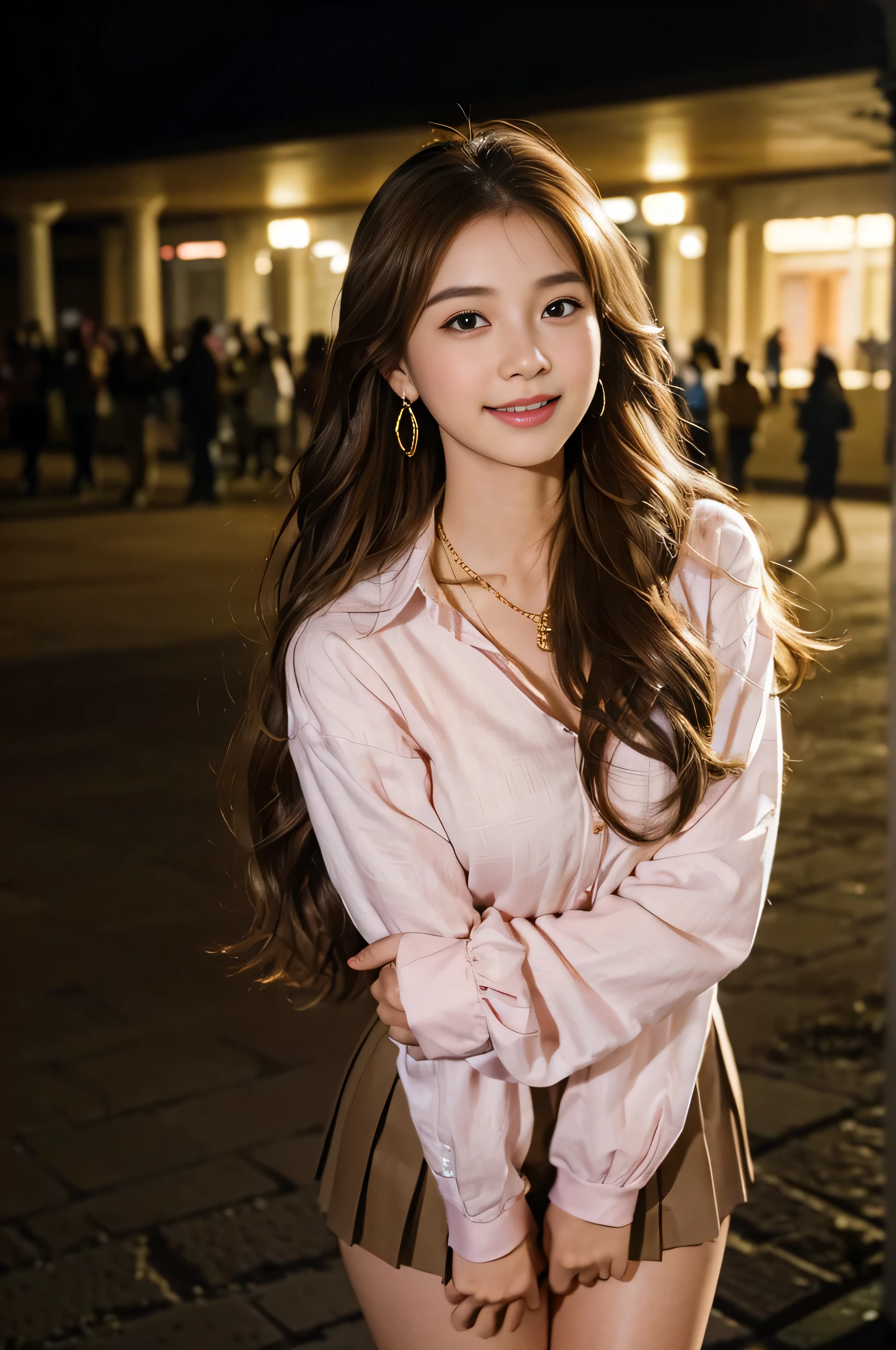 ((beautiful girl:1.3))((Super long brown hair:1.4)),(((loosely wavy hair:1.3)), ((She smiles and comes over to hug me.:1.3)),((spreading both hands wide＿legs tightly closed:1.3))((gold necklace_big earrings:1.2)),((university student:1.3)),((Pink pleated mini skirt:1.3)),((pink long sleeve button shirt＿with collar)),((On a college campus:1.3))((thin_fabric:1.4)) ((Are standing_Waiting for people:1.3)) (sweaty:1.5))((face flushed:1.4)) ((medium breasts:1.4)) ((Close-up:1.2)) highest quality、masterpiece、ultra high resolution、(photorealistic:1.4)、Raw photo、(real skin texture:1.3)、(film grain:1.3)、panorama、character portrait、very wide shot、narrow waist、cowboy shot、(in the dark、deep shadow、moderate、in the cold light、)night、(())、flowing tears、dust、Tyndall effect、(expression),1girl,beautiful detailed eyes and face,white jabot,brown eyes,((brown hair:1.2)) ((whole body:1.3))