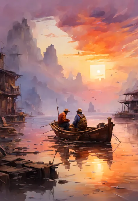 （masterpiece, highest quality, Super detailed, Very detailed CG, beautiful scenery, floating, dynamic angle,  old fisherman、Wood...