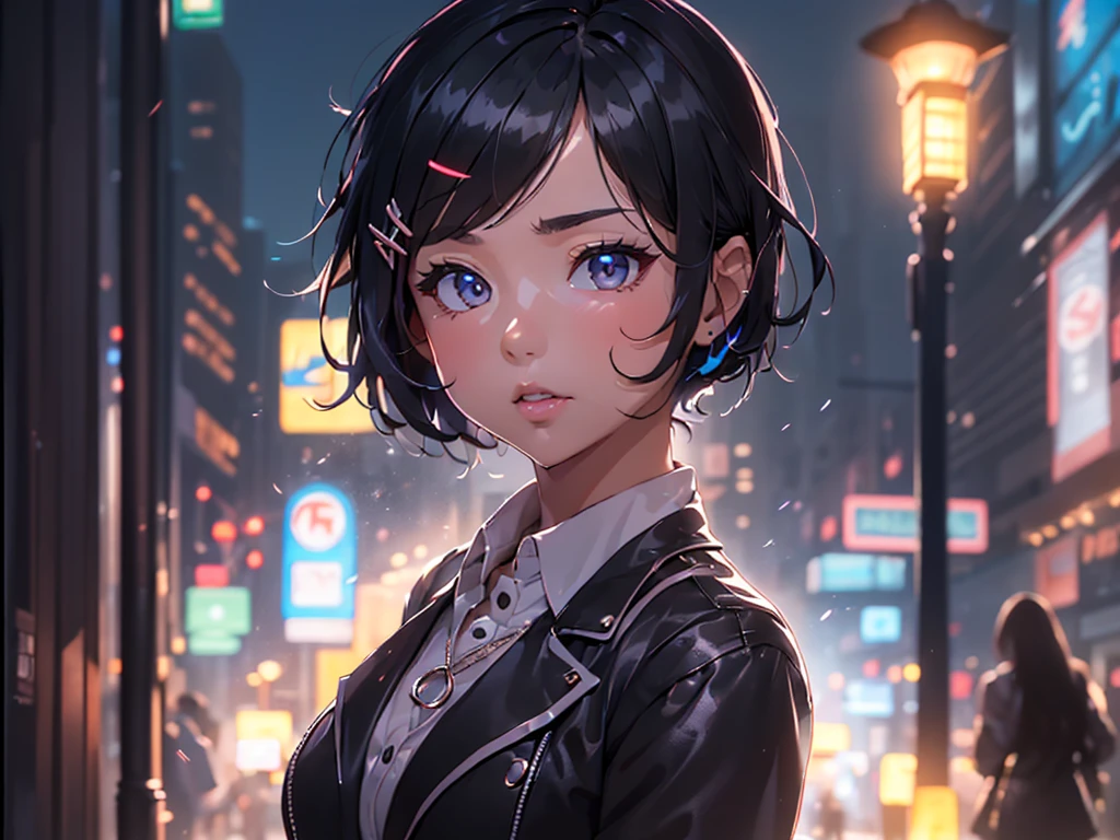 {{cute young woman}}, {{short black hair}}, اعين بنية, ملكة,{{Pleated skirt suit}},ضوء الشارع,نيون,{{Bustling street background}},(سرة البطن:1.1,{{princess eyes}}), النبيل, ملكية, جودة عالية, تحفة, مفصل جدا