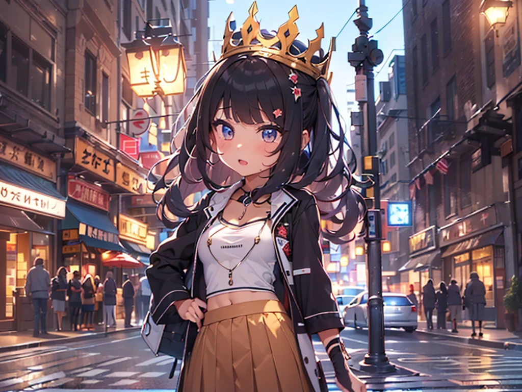 cute young woman, short black hair, brown eyes, Queen,Pleated skirt suit,street light,neon,Bustling street background,(belly button:1.1,princess eyes), noble, royalty, high quality, masterpiece, very detailed