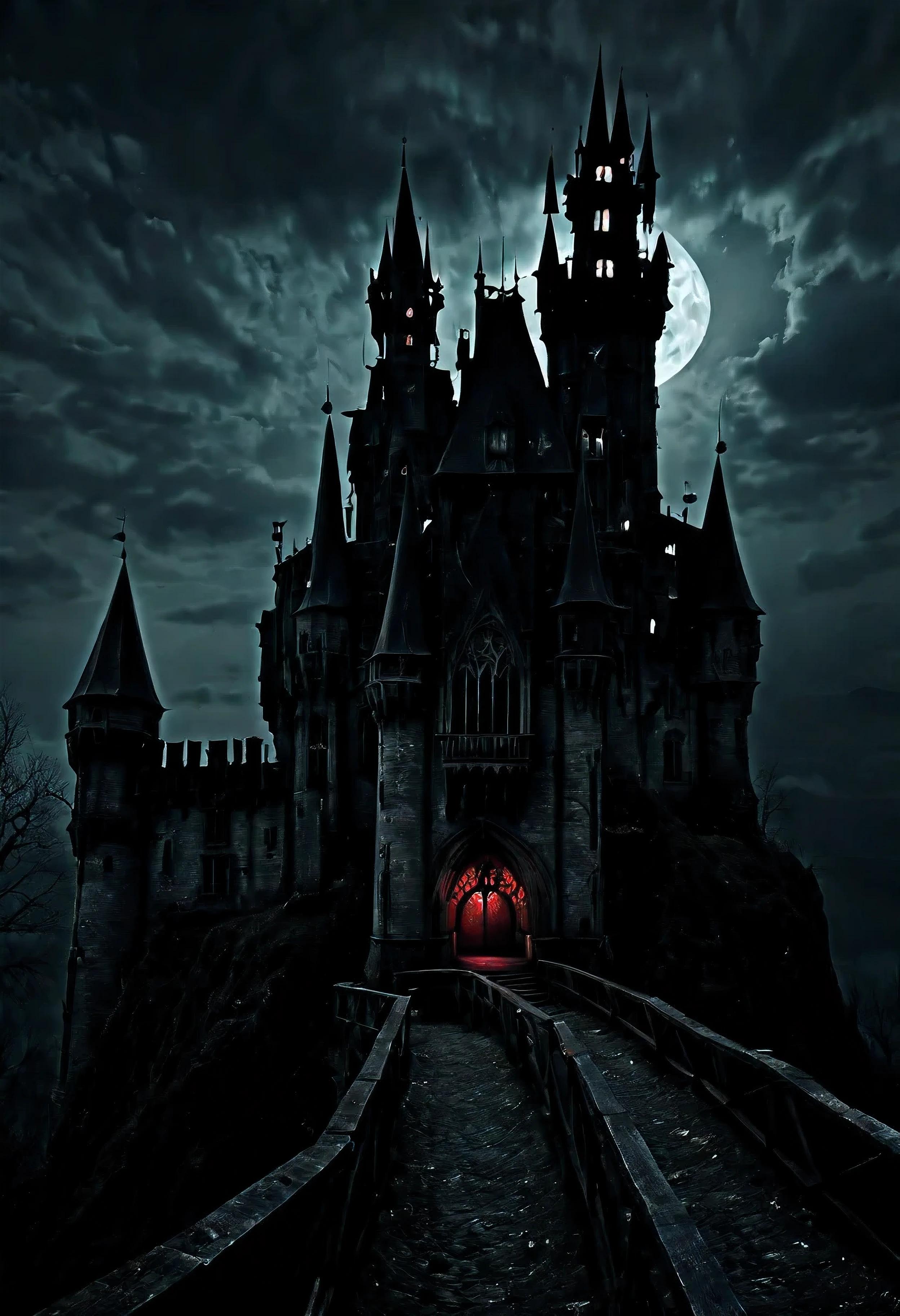 (main subject) eerie places, horror movie setting, Dracula castle style (material) dark and haunting illustrations, gothic, mysterious (additional details) foggy atmosphere, creepy shadows, eerie sounds echoing, old and decaying architecture, moonlit sky (image quality) (best quality, highres), ultra-detailed, (photorealistic:1.37) (art style) horror, gothic, dark fantasy (color tone) dark and desaturated with pops of deep red (light) dimly lit by flickering candlelight, casting eerie and elongated shadows