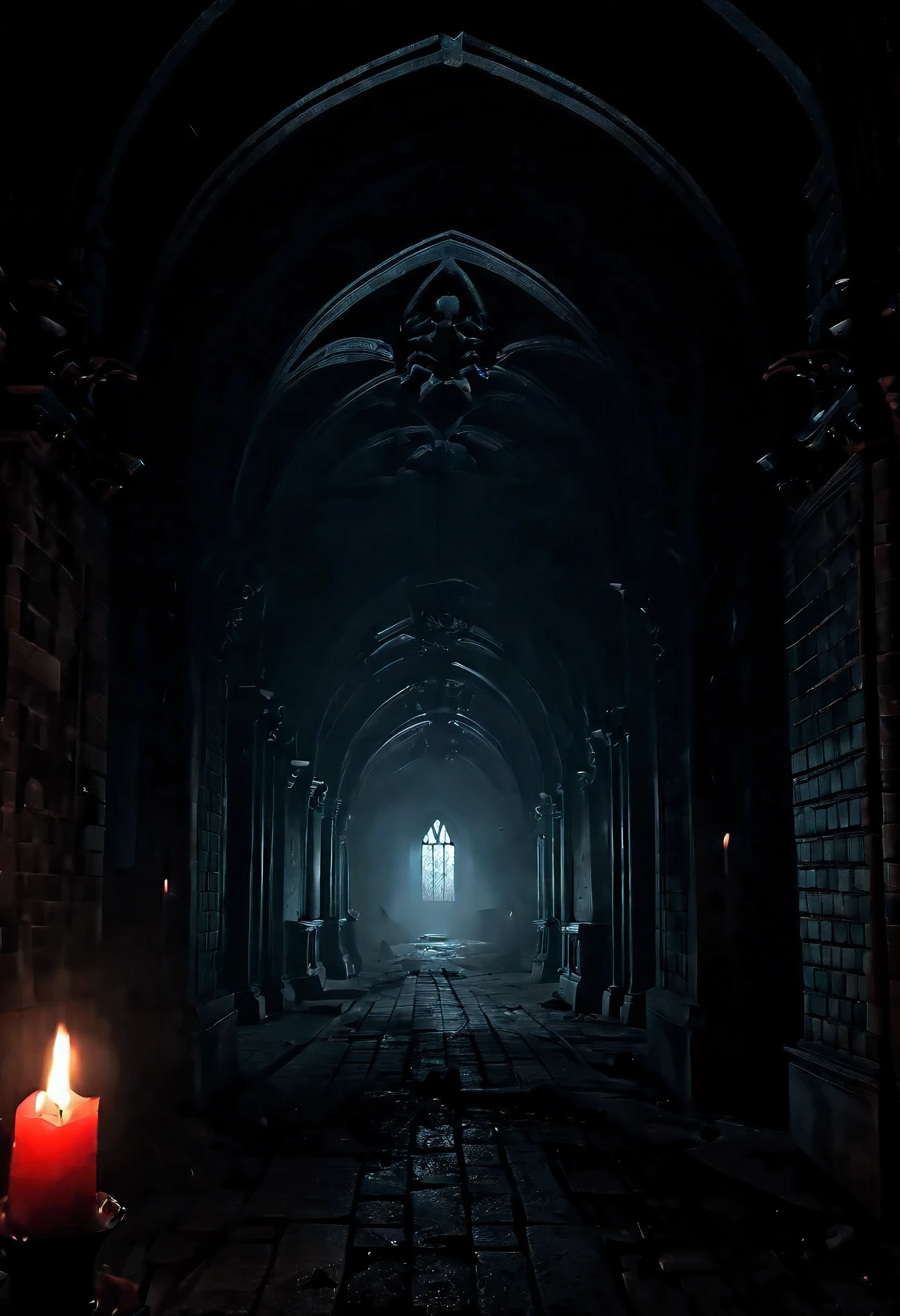 (main subject) eerie places, horror movie setting, Dracula castle style (material) dark and haunting illustrations, gothic, mysterious (additional details) foggy atmosphere, creepy shadows, eerie sounds echoing, old and decaying architecture, moonlit sky (image quality) (best quality, highres), ultra-detailed, (photorealistic:1.37) (art style) horror, gothic, dark fantasy (color tone) dark and desaturated with pops of deep red (light) dimly lit by flickering candlelight, casting eerie and elongated shadows