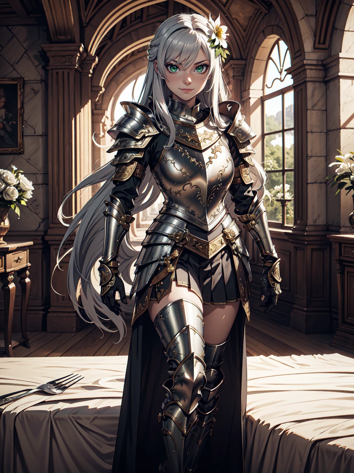 Ultra High Definition, Ultra High Quality, Hyper Definition, Hyper Quality, Hyper Detailed, Extremely Detailed, Perfectly Detailed, 8k, 1 Anime  Female, Long Silver Hair,  Noble Armor,  Luxury Pleated Skirt, Gloves, Solid Green Eyes, Cheerful Expression, White Flower Barrette,  Armored With Full Coverage Noble Plate Armor, Leg Armor,  Mansion Room Panoramic Background