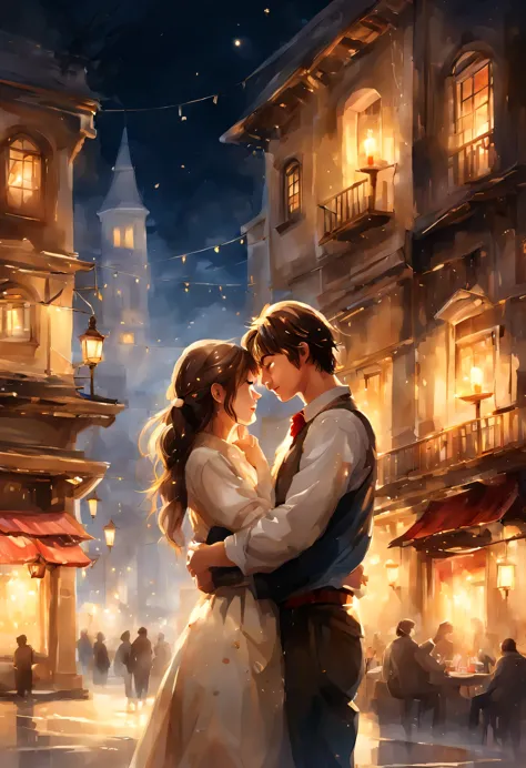 （masterpiece, highest quality, Super detailed, Very detailed CG),   (Young man and woman hugging each other:1.4)、  setting: Dinn...