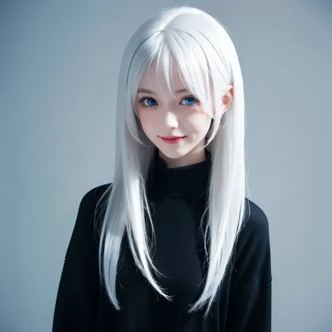 white hair，loli，smile，petite and delicate，blue eyes，black simple clothing，clever