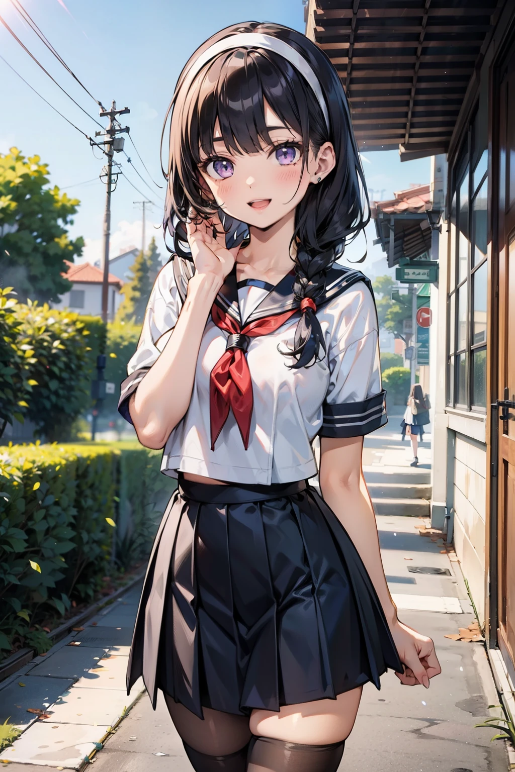 body 8 times longer than head, (Highly detailed CG unity 8k), （highest quality），（very detailed），（ultra high resolution）, black hair, High school girl wearing a navy sailor suit, Anime 2D rendering, realistic young anime high school girl, （White headband）, smile, purple eyes, small breasts, tall, slanted eyes, school scenery, black stockings, bright color, open your mouth a little, Dark blue skirt, braid hair