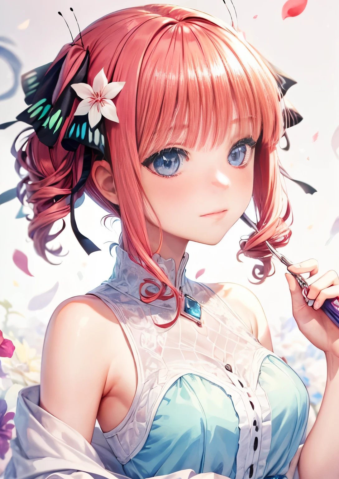 Cute as a dream、a pale, (​masterpiece、top-quality、top-quality、watercolor paiting(Curly)、Official art、Beautifully Aesthetic:1.2)、(a beauty girl:1.3)、patterns、colourfull、Hair spreads throughout、kawaii、pastels、Large ribbon、Lovely room、Wallpapers, poster, Ultra Detail, Movie, Hyper Realism, Soft Light, Deep Focus Bokeh, Ray Tracing, --niji 5. crystal, fantasy, galaxy, transparent, shimmering, sparkling, splendid, colorful, magical photography, dramatic lighting, Sweet face, soft smile, sparkling eyes, wallpaper inspired by Your Name movie by Makoto shinkai. Starry sky, masterpiece, perfect anatomy, romantic, Kimi no na wa, extremely detailed faces. Cute faces, perfect faces, masterpiece, 4k, Sweet, blushing, Nino Nakano, shoulder length pink hair, butterfly hair ribbons, petalf floating, enchanting atmosphere, soft pastel colours, diffused dreamy light,