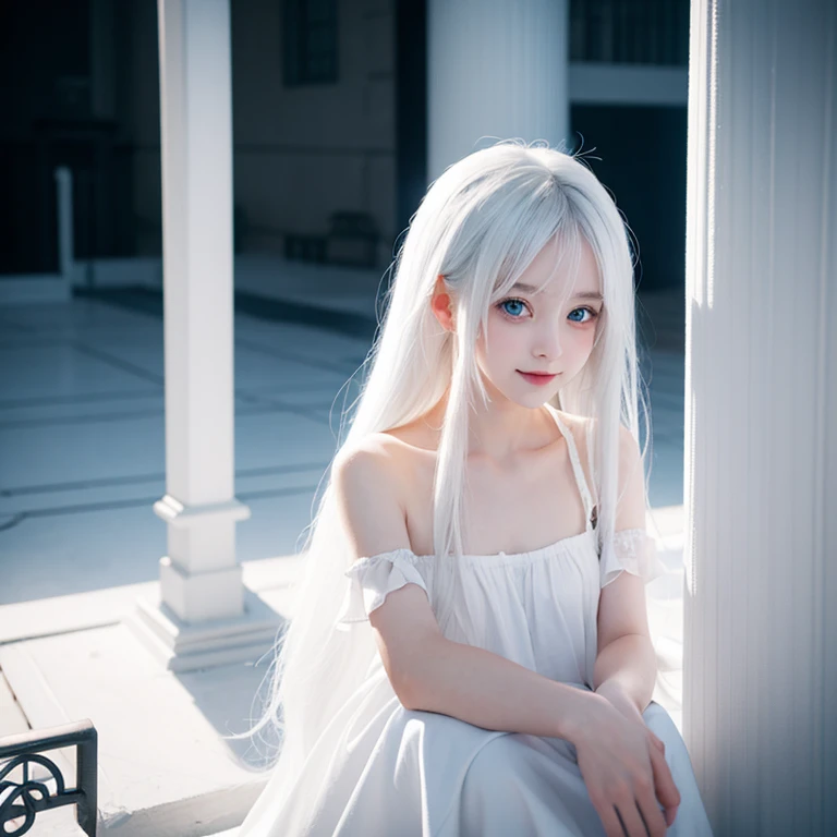 white hair，loli，Smile，Petite and delicate，Blue eyes，Black simple clothing，Well-behaved and cute，Innocence，Innocent，Indifferent expression，gentle，Evil girl，Contrast，sacred