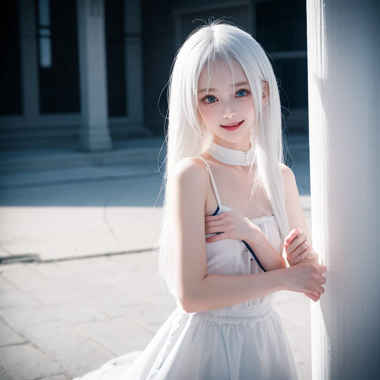 white hair，loli，Smile，Petite and delicate，Blue eyes，Black simple clothing，Well-behaved and cute，Innocence，Innocent，Indifferent expression，gentle，Evil girl，Contrast，tiny fangs