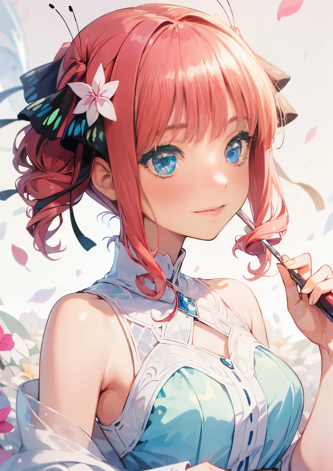 Cute as a dream、a pale, (​masterpiece、top-quality、top-quality、watercolor paiting(Curly)、Official art、Beautifully Aesthetic:1.2)、(a beauty girl:1.3)、patterns、colourfull、Hair spreads throughout、kawaii、pastels、Large ribbon、Lovely room、Wallpapers, poster, Ultra Detail, Movie, Hyper Realism, Soft Light, Deep Focus Bokeh, Ray Tracing, --niji 5. crystal, fantasy, galaxy, transparent, shimmering, sparkling, splendid, colorful, magical photography, dramatic lighting, Sweet face, soft smile, sparkling eyes, wallpaper inspired by Your Name movie by Makoto shinkai. Starry sky, masterpiece, perfect anatomy, romantic, Kimi no na wa, extremely detailed faces. Cute faces, perfect faces, masterpiece, 4k, Sweet, blushing, Nino Nakano, shoulder length pink hair, butterfly hair ribbons, petalf floating, enchanting atmosphere, soft pastel colours, diffused dreamy light,