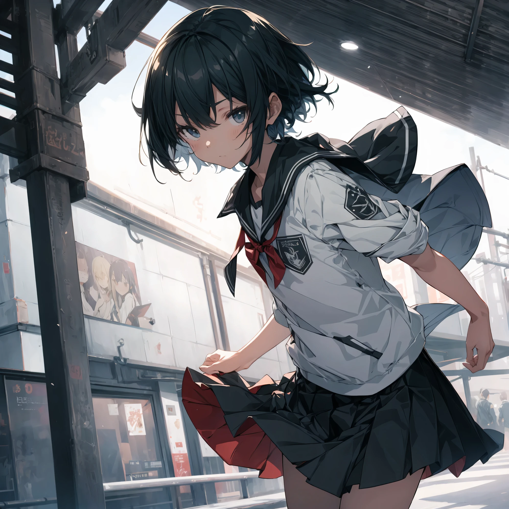 Super high quality by the art god, super detailed, High resolution, Shinkai Makoto style, anime moe art style, best anime 8k konachan wallpaper, pixiv contest winner, perfect anatomy, BREAK,(Please draw a girl who looks sleepy and goes to school alone.. ),BREAK, surreal high school girl, (alone,Lolita, , :1.3),All limbs, full finger,, androgynous charm, (very short hair), messy hair, flat chest, , small ass, between legs, Small black eyes,hanme,beautiful and fine eyes, Well-proportioned iris and pupils, disgusted eyes, High resolution detailed hair, wearing school uniform, (skirt), On the way to school. BREAK,super dense skin, Best lighting by famous artists, 8k, cute illustration,