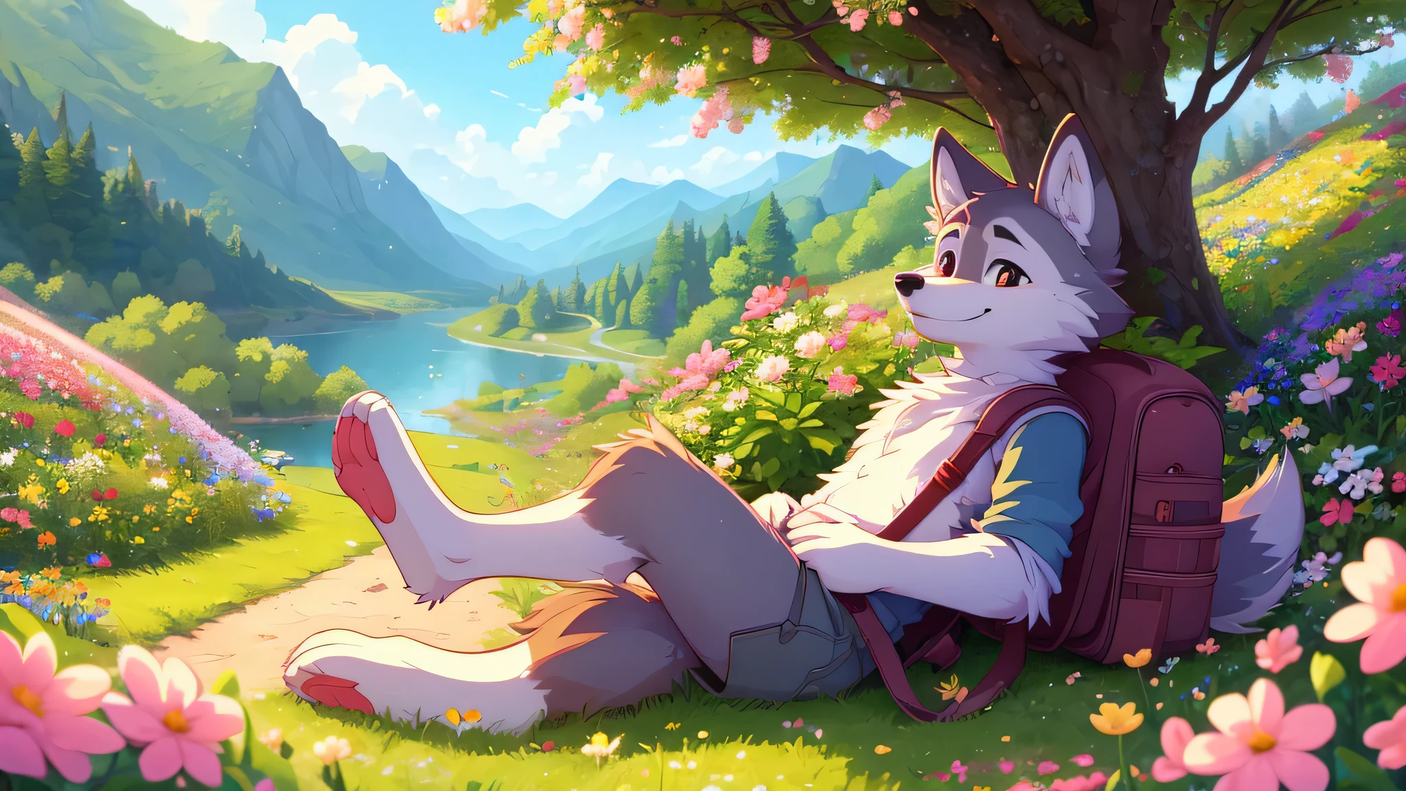 a little boy，Wolf，Carry your backpack，Enjoy a spring outing surrounded by beautiful flowers and nature. 4K resolution, HD, illustration, Very detailed, facial features, cartoon, Visual effect.  