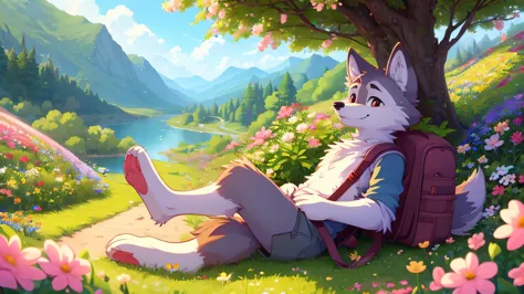 a little boy，Wolf，Carry your backpack，Enjoy a spring outing surrounded by beautiful flowers and nature. 4K resolution, HD, illus...