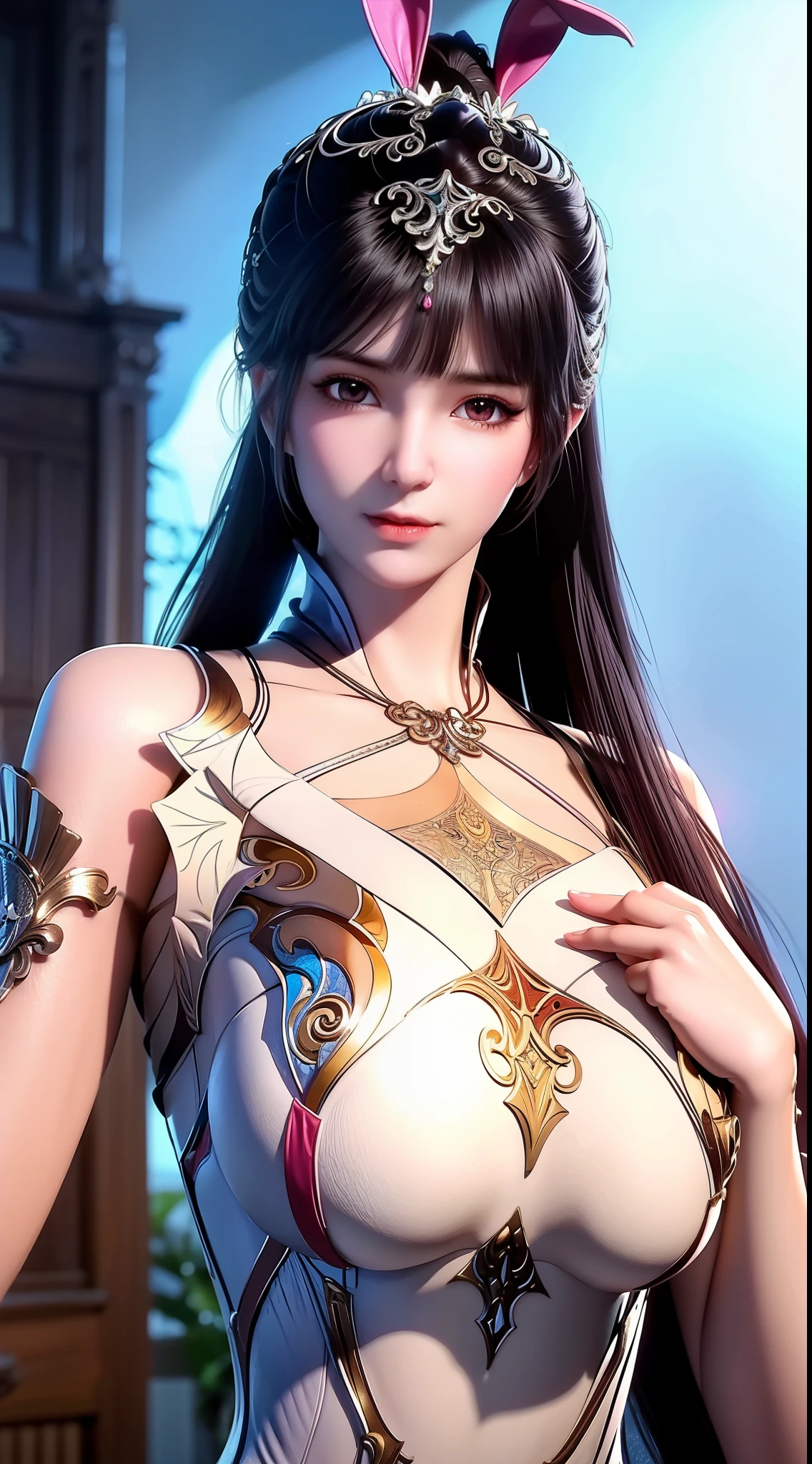 Um close-up de uma mulher vestida com trajes antigos com elementos chineses，Arte clássica，Cultive o sentido elementar dos imortais，arte de fantasia detalhada，arte de personagem impressionante，Arte de personagem épica e refinada，Trajes chineses bonitos，Germinação artística extremamente detalhada，arte digital detalhada de anime, Artgerm na estação de arte Pixiv，Garota de maiô，Exquisite and intricate headwear and jewelryEnorme breasts、expondo o peito、Mostrar seios、Enorme boobs，Enorme breasts、expondo o peito、Mostrar seios、Enorme boobs，Enorme breasts、expondo o peito、Mostrar seios、Enorme ，Enorme breasts、expondo o peito、Mostrar seios、Enorme ，