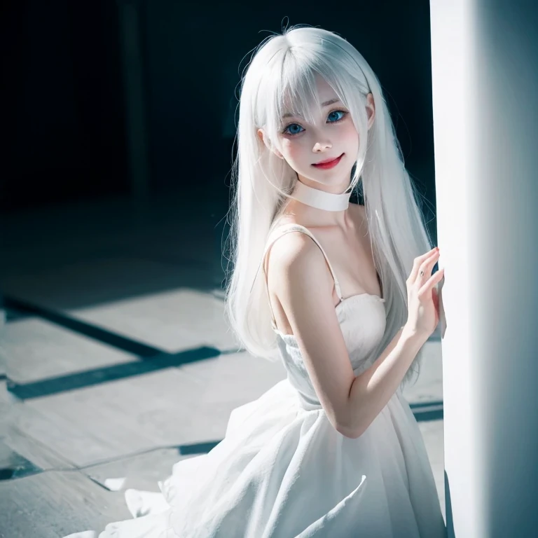 white hair，loli，Smile，Petite and delicate，Blue eyes，Black simple clothing，Well-behaved and cute，Innocence，Innocent，Indifferent expression，gentle，Evil girl，Contrast，fangs，Horror backgrounds，Evil God