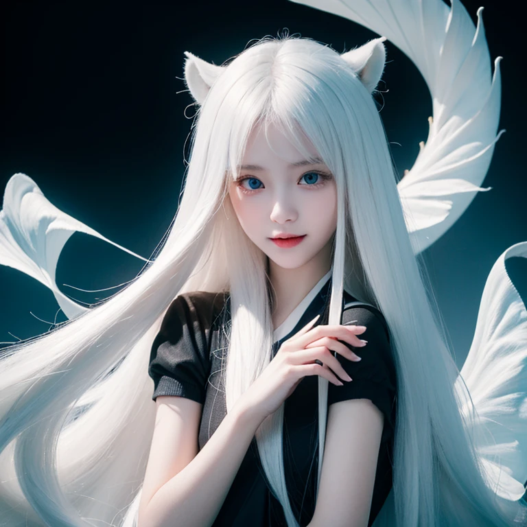 long white hair，girl，Smile，Petite and delicate，Blue eyes，Black simple clothing，Well-behaved and cute，Innocence，Innocent，Indifferent expression，gentle，邪异girl，Contrast，fangs，sacred background，whole body，individual，clear，Bright，dragon horn